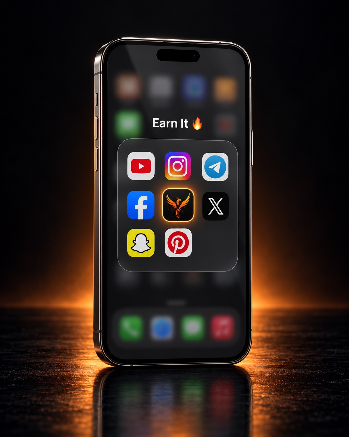 An iPhone concept showing FLINT alongside your everyday apps, lit by a warm orange glow.