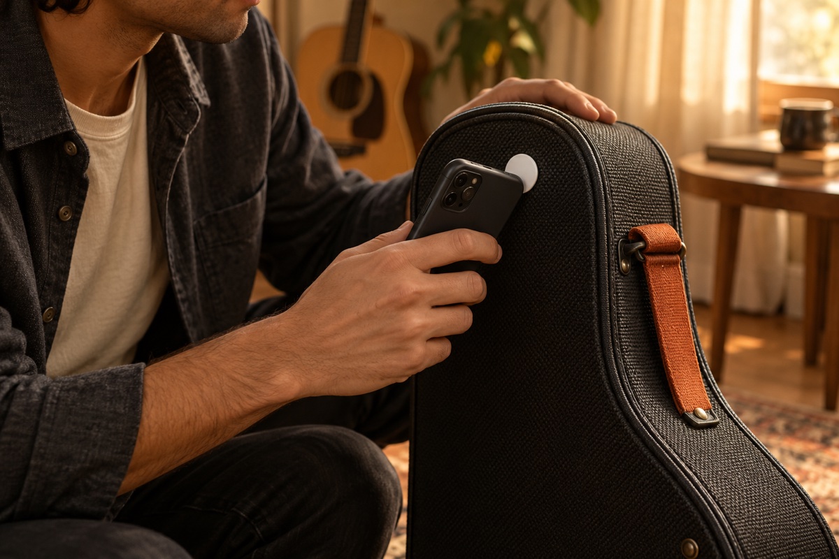 A person scanning a sticker on a guitar case with a phone.