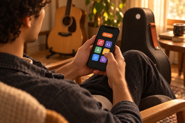 A person using a phone after practicing guitar.
