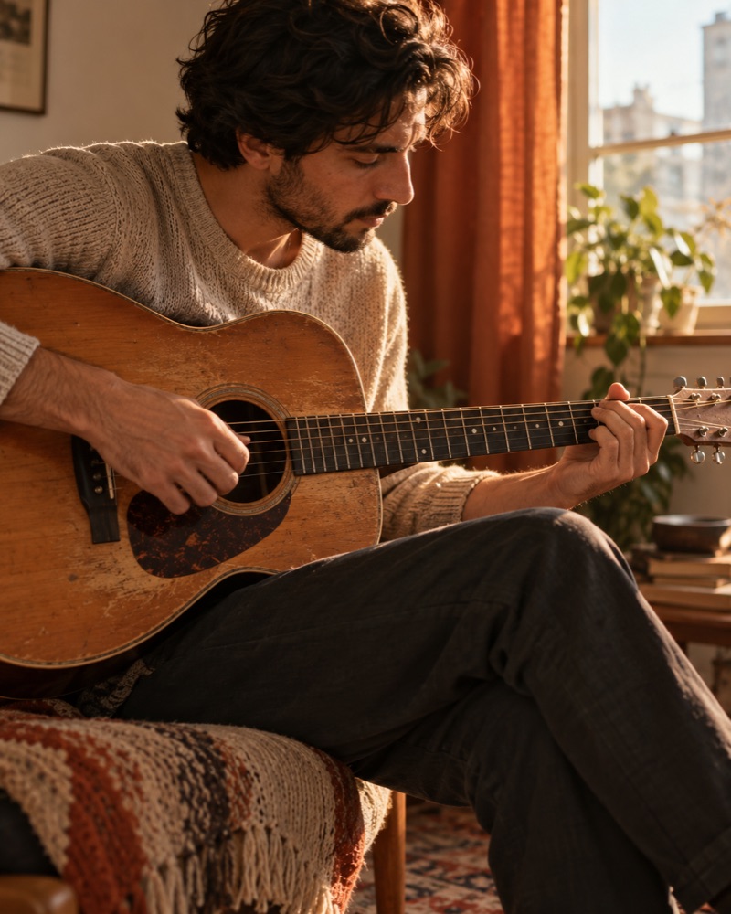 A person practicing an acoustic guitar.