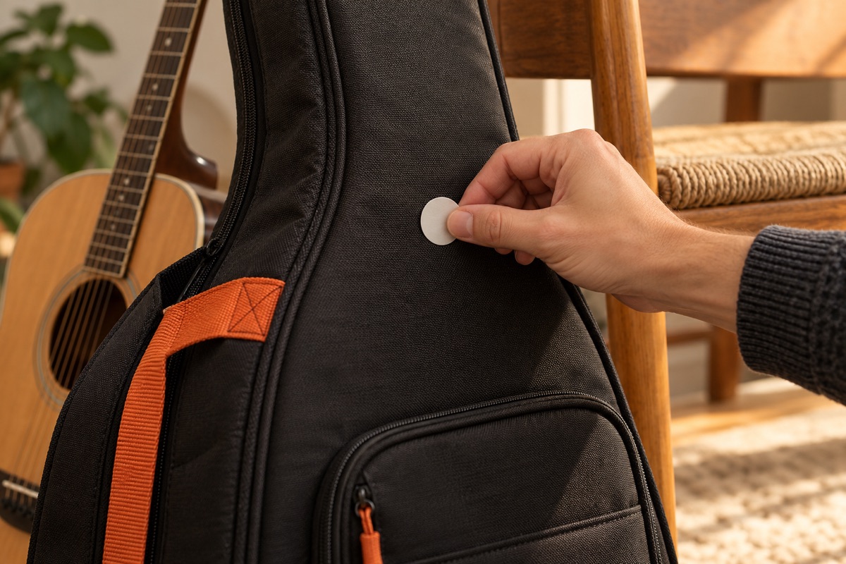 A person placing a sticker on a guitar case.